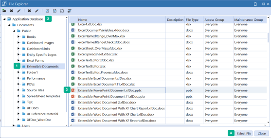 1. Selected folder to save the XF Doc. 2. Upload the document in OneStream 3. Click Desired file name. 4. Select File to launch the document and see updated values.